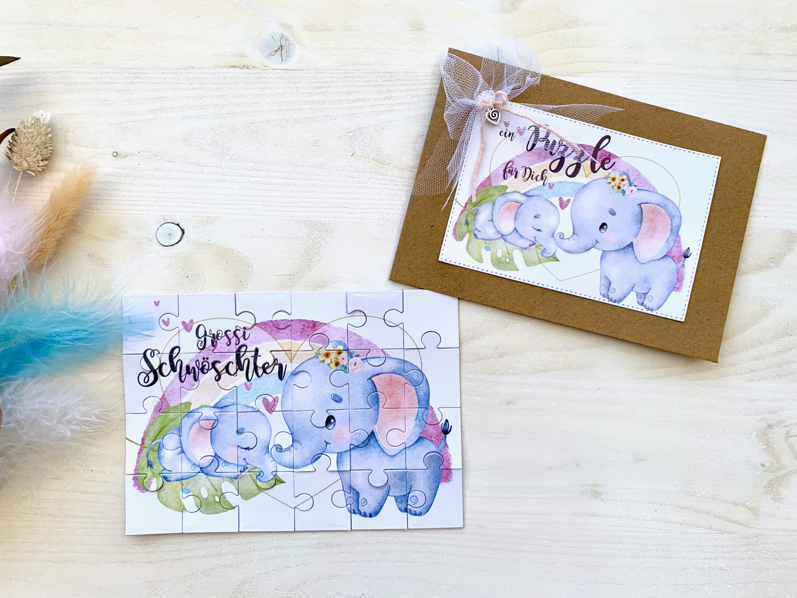 Du wirst grosse Schwester / grosser Bruder PuzzleKarte mit ELEFANT von MANNIGFALTIG - Handgemacht in der Schweiz